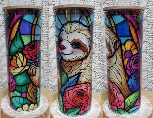Sloth Floral Clear Stained Glass - 25oz Glass Tumbler